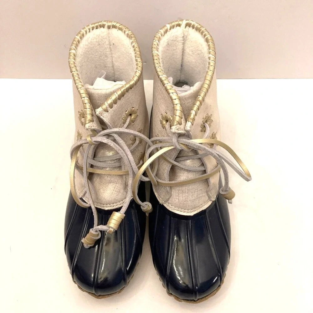Jack Rogers Womens 9 Chloe Boots Gold Metallic Leather‎ Navy Duck Rain Winter